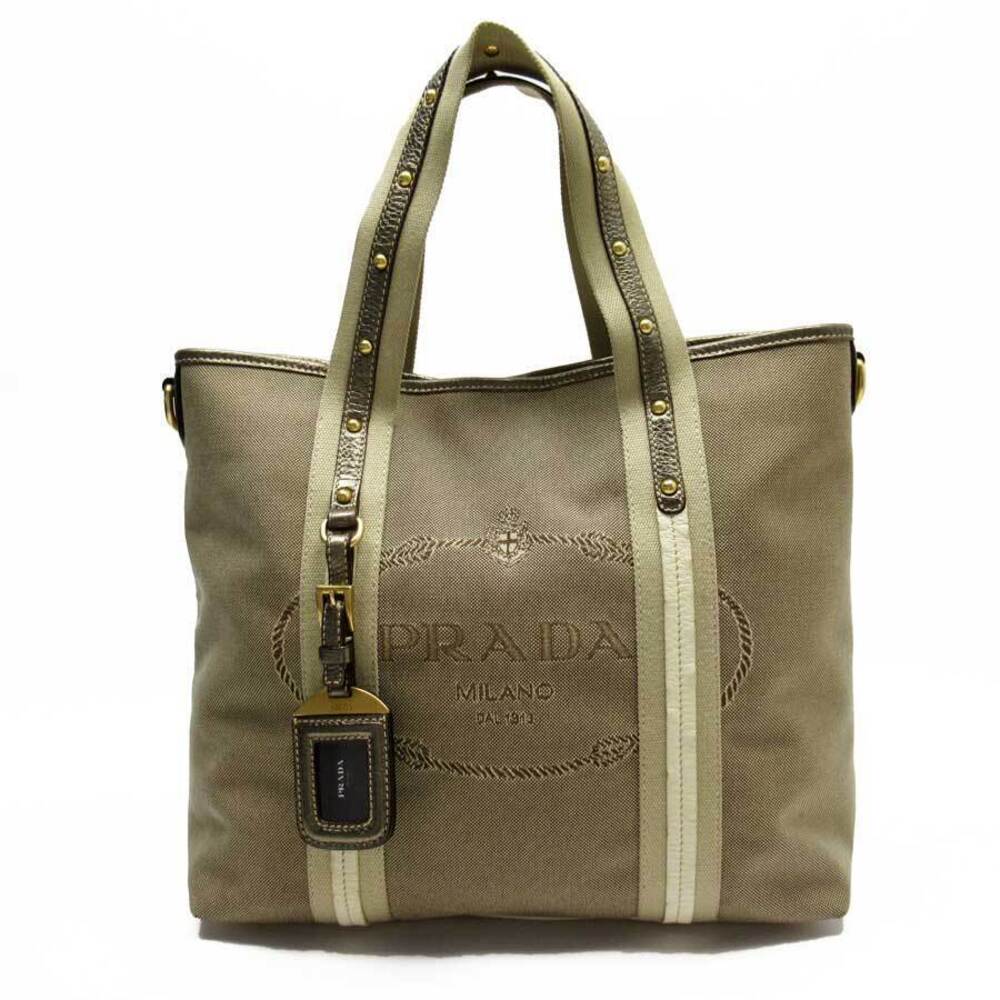 Prada Handbag Canvas Brown Leather Tote Bag - Picture 2 of 3